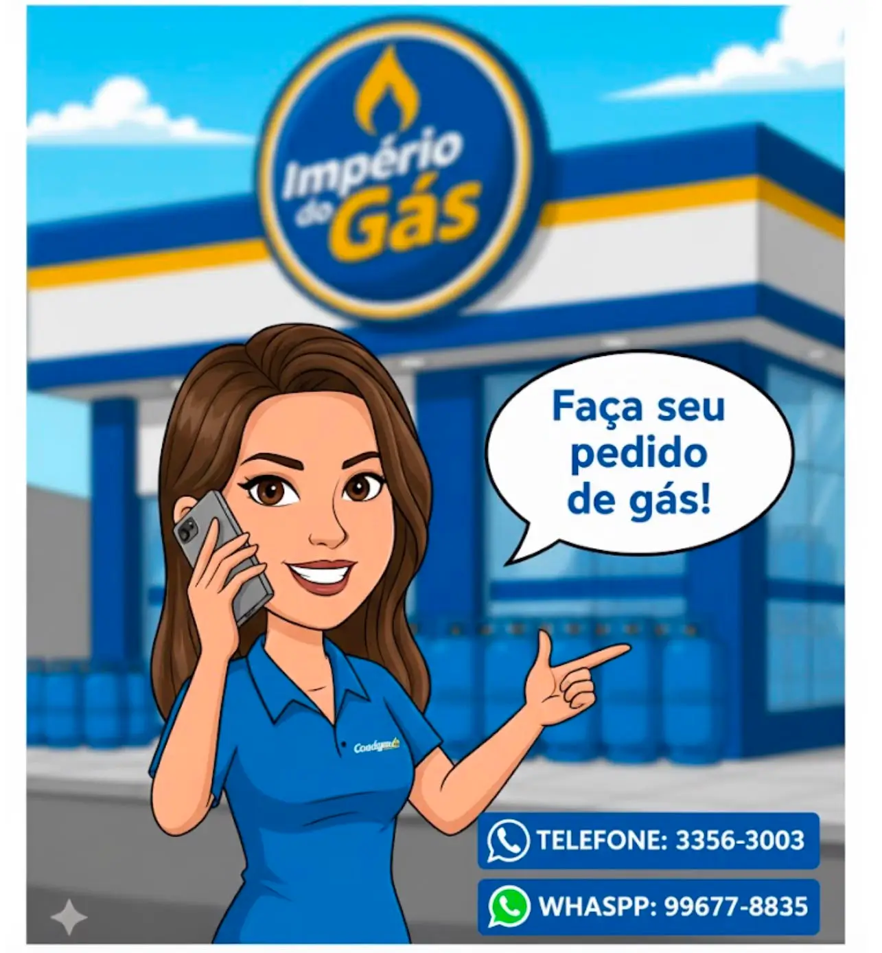 Atendente do Império do Gás convidando o cliente a fazer seu pedido